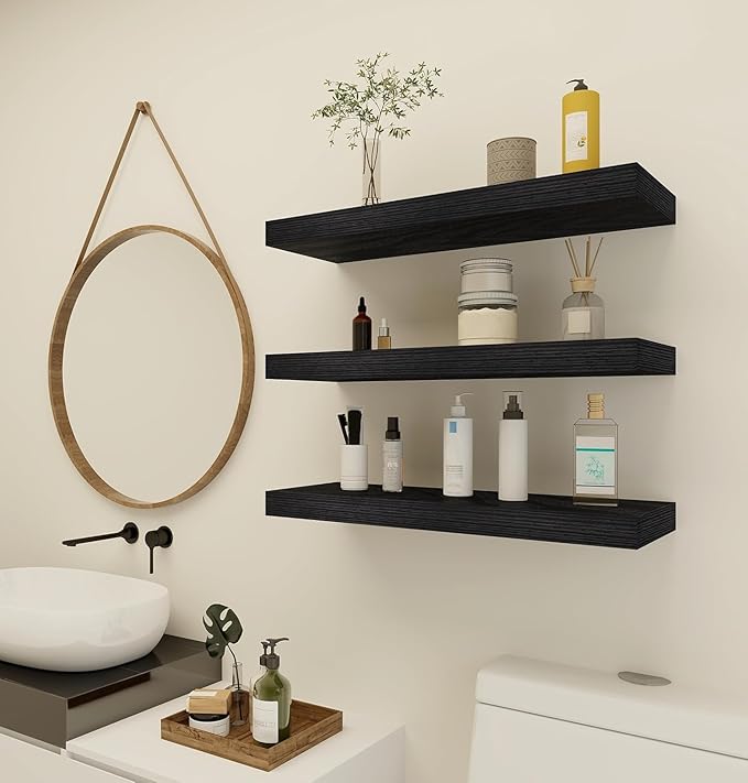 Vervida® 6 Pack Black Floating Shelves,24" W x 5.8" D x 1.5" H, Holds Up to 37 Lbs, Ideal for Living Room, Bedroom, Bathroom, Kitchen, Office, Storage, Display, with Invisible Brackets Wall Shelves