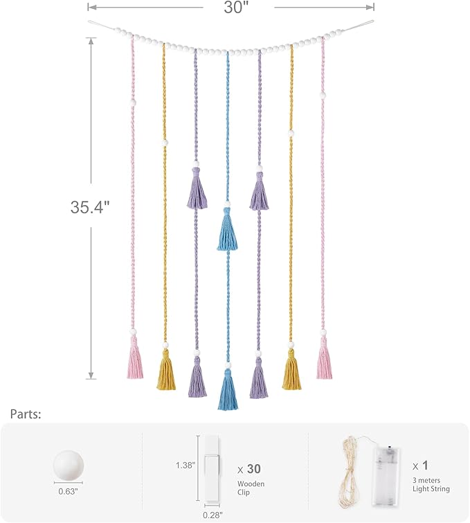 Mkono Macrame Hanging Photo Display Wall Decor with String Lights Boho Room Bedroom Wooden Beads Garland Picture Greeting Cards Holder with 30 Clips