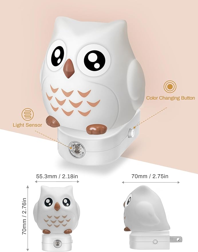 Owl Night Lights Plug Into Wall, Cute Night Light for Kids, 8-Color LED Night Light with Dusk to Dawn Sensor, Decorative Nightlight for Kid Room, Bathroom, Bedroom, Children Christmas Gift, 1 Pack