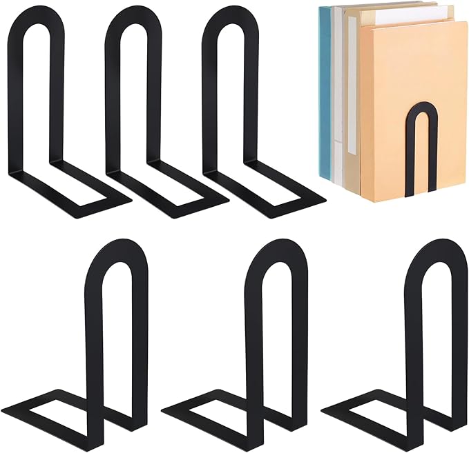 Chunful 6 Pcs Black Modern Metal Book Ends for Shelves Decorative Small Bookends Book Shelf Organizer Minimalist Design Stopper to Hold Books for Home Office (5.5 * 3.75 * 2.25inch)