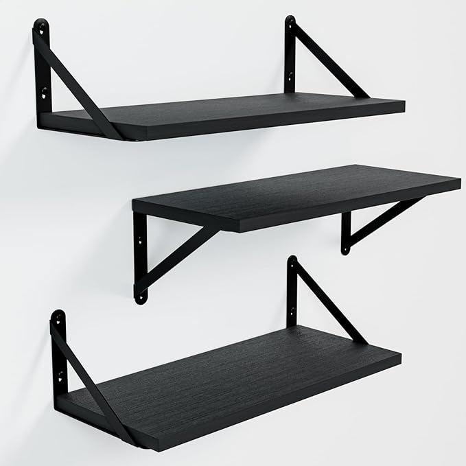 COCOYA Wall Shelves 7.3" Deep Set of 3, Solid Paulownia Wood Wider Longer Sturdy Easy to Install Wall Mounted Bookshelves Storage Shelves Bathroom Home Office Laundry Room Bedroom Organizer Black