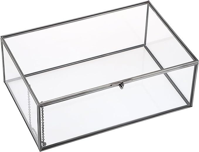 Hipiwe Vintage Glass Box with Lid - Rectangle Jewelry Display Organizer Box Black Vanity Lidded Box Home Decor Accent Decorative Box for Keepsakes Trinket Rings,X-Large
