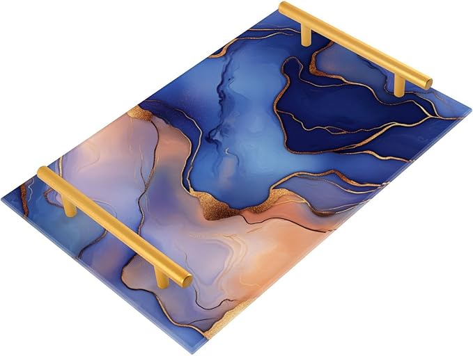 Marble Royal Blue Peach Decorative Rectangular Tray with Handles Trays for Coffee Table for Jewelry Perfume for Modern Serving bandeja para desayuno personalizado