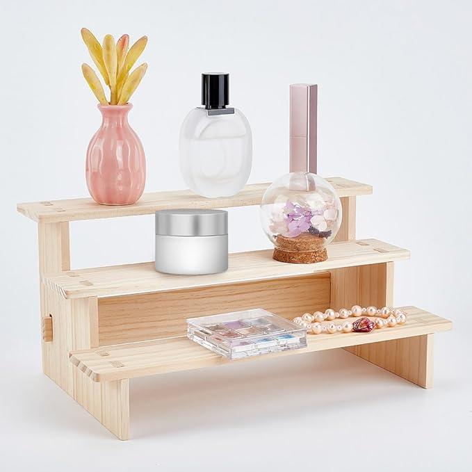 NBEADS 3-Tier Wooden Display Riser Shelf, 7.05x11.65x5.59 Inch Antique White Tabletop Small Food Stand Risers Display Makeup Step Perfume Organizer for Fragrance Cosmetics Figure Collection