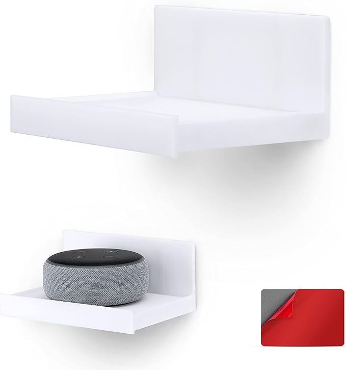 5.4" Adhesive Small Floating Shelf for Speakers, Books, Plants, Cameras, Toys, Decor & More, Screwless Wall Shelves, Easy to Install, By Brainwavz (SHELF180, White)