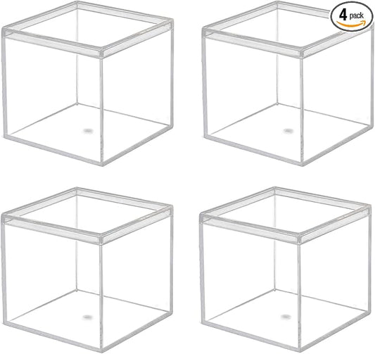 Acrylic Box, Dedoot 4 Pack Acrylic Small Box with Lid 2.3x2.3x2.3 Inch, Clear Plastic Square Cube Box Storage Organizer for Wedding, Party, Treats, Coin, Jewelry Accessories, 60x60x60mm
