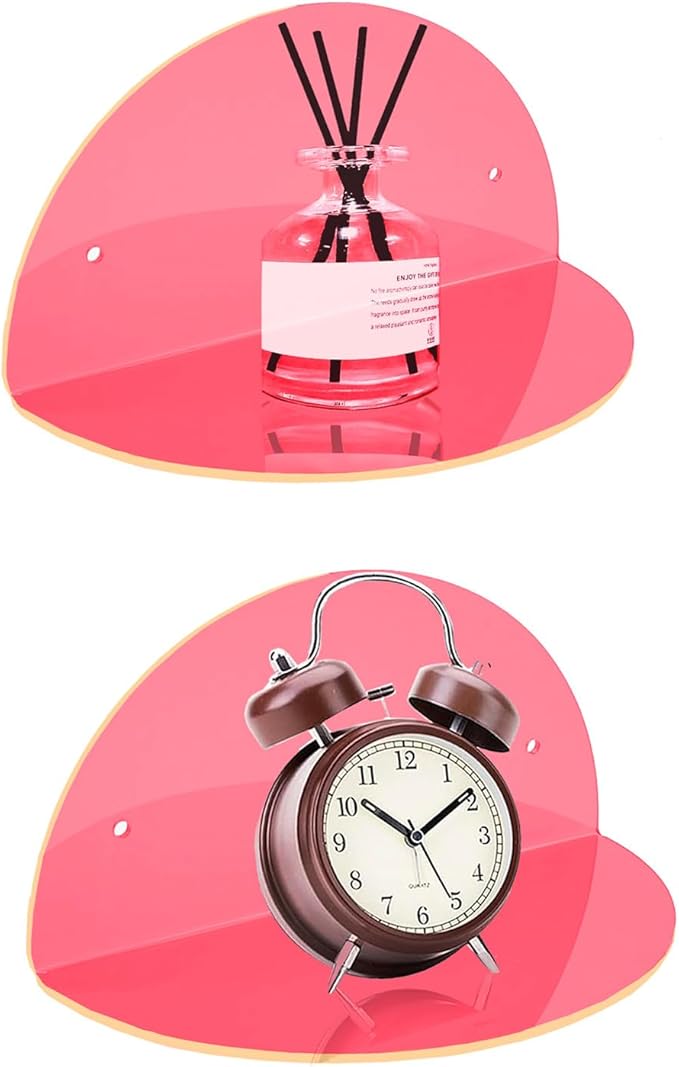 ROYALITA Small Acrylic Shelves Room Decor Floating Shelves (2-Pack, 8-inch Diameter) - Wall Mounted Display Stand for Plants, Toys, Makeup, and More - Ideal for Home and Office, Pink