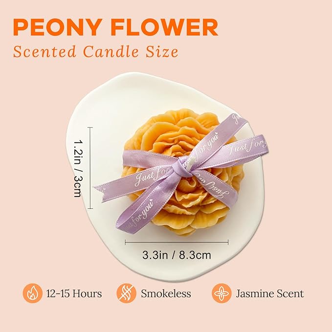 Light-Orange Peony Flower Shape Candles for Women - Aromatic Pastel Aesthetic Candle with Jasmine Fragrance - Christmas Gift for Friends Colleagues and Classmates (3 inch)
