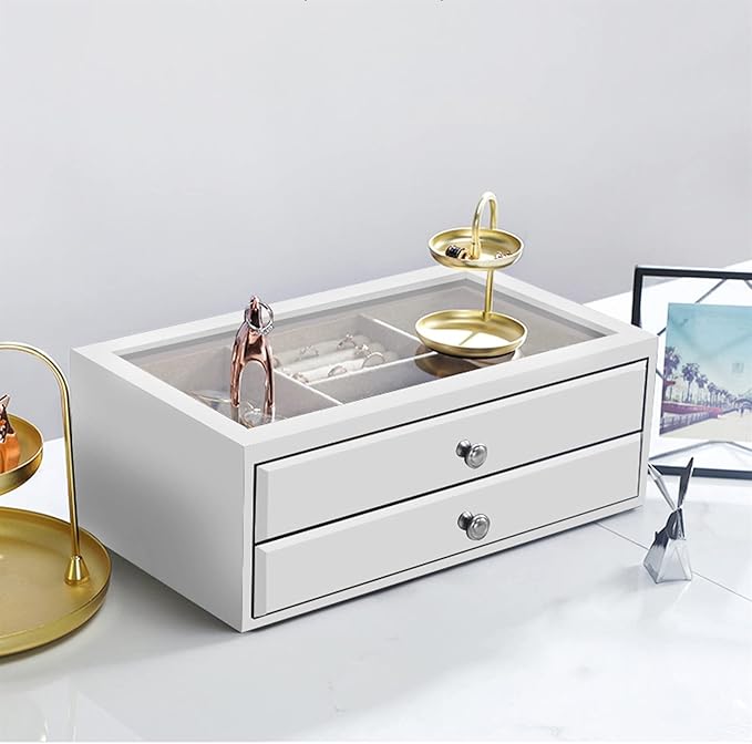 Jewelry storage box makeup organizers Jewelry Boxes Organizer Vintage Jewelry Case with 2 Drawers and Transparent Glass Lid, Wooden Jewelry Organizer For Necklaces, Earrings, Watches Jewelr
