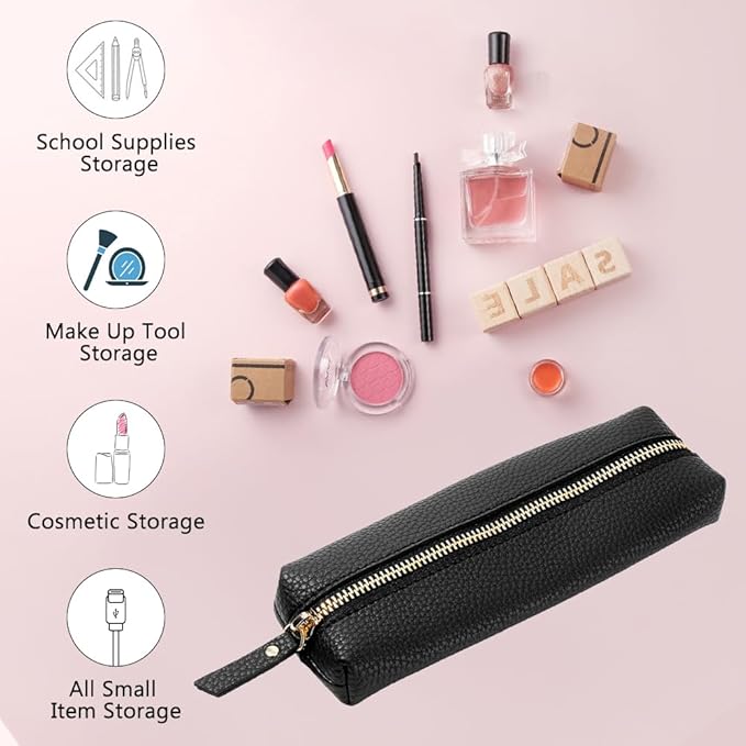 DICOSMETIC Pen Pouch for Purse Black Pu Leather Cosmetic Bag 20CM Makeup Brushes Bag Small Pen Bag Lovely Zipper Pouch Portable Cosmetic Bag Organizer for Pen Pencils