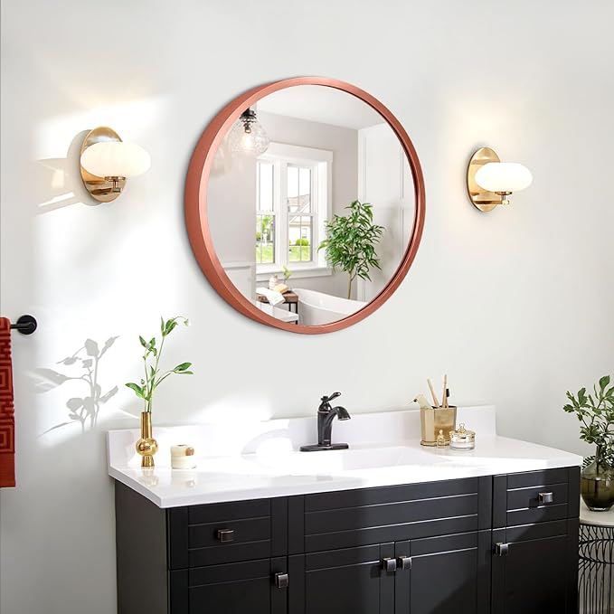JJUUYOU Circular Wall Mirror Decorative Round Mirror for Bathroom Round Mirrors Small Red Decor Circle for Wall Metal Framed Make up Mirrors for Farmhouse Living Room Bedroom Dorm 16Inch
