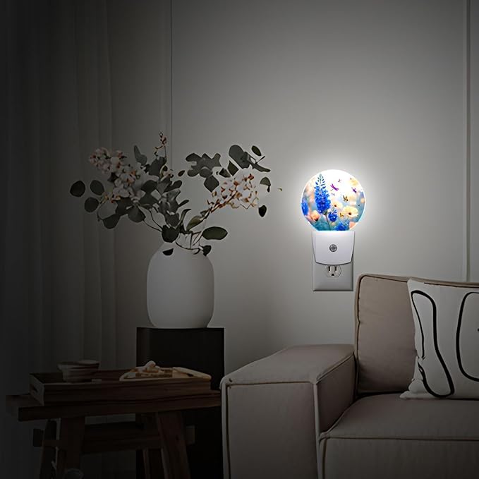Blue Flower Butterfly Dragonfly Night Light Plug-in Sleep Lamp Led Dusk to Dawn Night Light for Bedroom