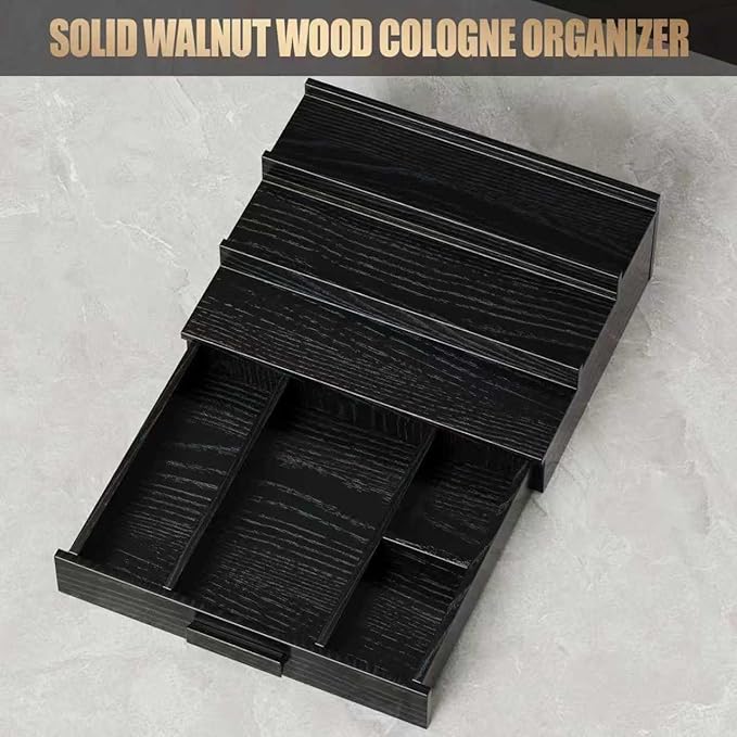 Solid Walnut Cologne Organizer for Men,Cologne Stand,3 Tier Wooden Cologne Holder Shelf Display,Perfume Stand Organizer with Drawer and Hidden Compartment,Gift for Men Dad Husband,Black