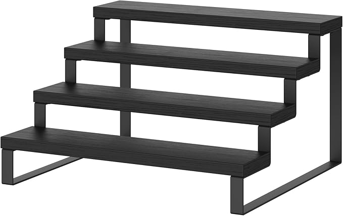 Wood Display Risers, 4 Tier 13.4IN Perfume Organizer Shelf with Metal Legs, Large Wooden Cupcake Stand Holder, Display Shelf Stand for Figures, Party, Makeup, Dessert Shelves for Party, Black