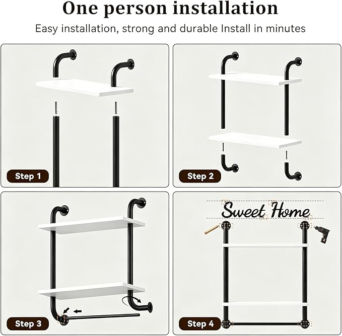 Tinpin Bathroom Shelves Wall Mounted, Rustic Farmhouse Pipe Shelves 2-Tier, Floating Shelf Wall Decor for Bathroom, Kitchen, Bedroom, Living Room Thanksgiving Day 17.3in White
