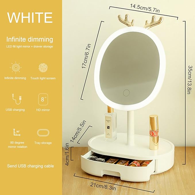 LED Makeup Mirror Stepless Dimming USB Rechargeable,Cosmetic Organizer Boxes90° Rotating Freestanding Mirror for Makeup,Touch Screen,Removable Makeup Mirror,White