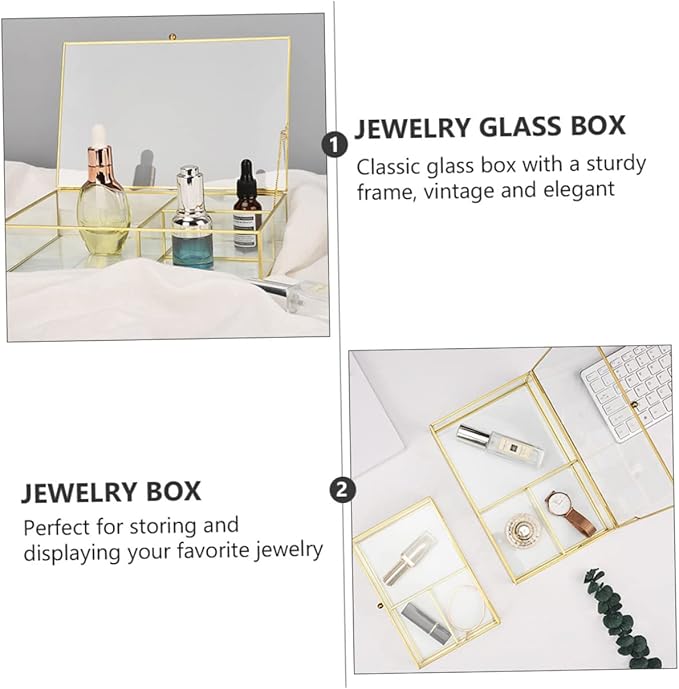 Healeved Jewelry Storage Box Glass Lid Cosmetics Organizer Makeup Holder for Necklace Earring Ring for Women Girls Wedding Valentine's Day