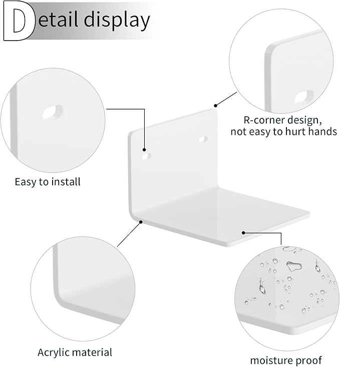 Sezanrpt 4 Inches White Small Wall Shelves Set of 2, Acrylic Small Floating Mini Shelf for Speaker, Plants, Digital Clock, Security Cameras, Heavy Duty, 2 Pack
