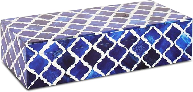 Handicrafts Home Decorative Storage Box with Lid, Moroccan Coffee Table Storage Box Organizer, Wooden Keepsake Jewelry Box, Decorative Desk Console Storage Box, Blue, 10 x 4.5 x 2.5