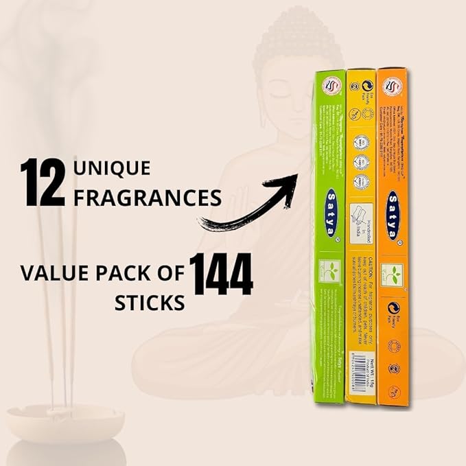 Satya Natural Incense Sticks Assortment – 12 Pack, 15g Each – Hand Rolled in India – Aromatherapy, Meditation, Yoga, Relaxation, Stress Relief, Home Fragrance