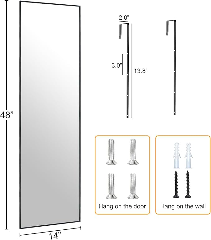 Ruomeng 48x14 Inch Full Length Door Hanging Mirror, Rectangle Full Body Mirror Over The Door, Wall Mounted Metal Aluminum Framed, Tempered Glass Mirror for Bathroom Entryway Bedroom Living Room