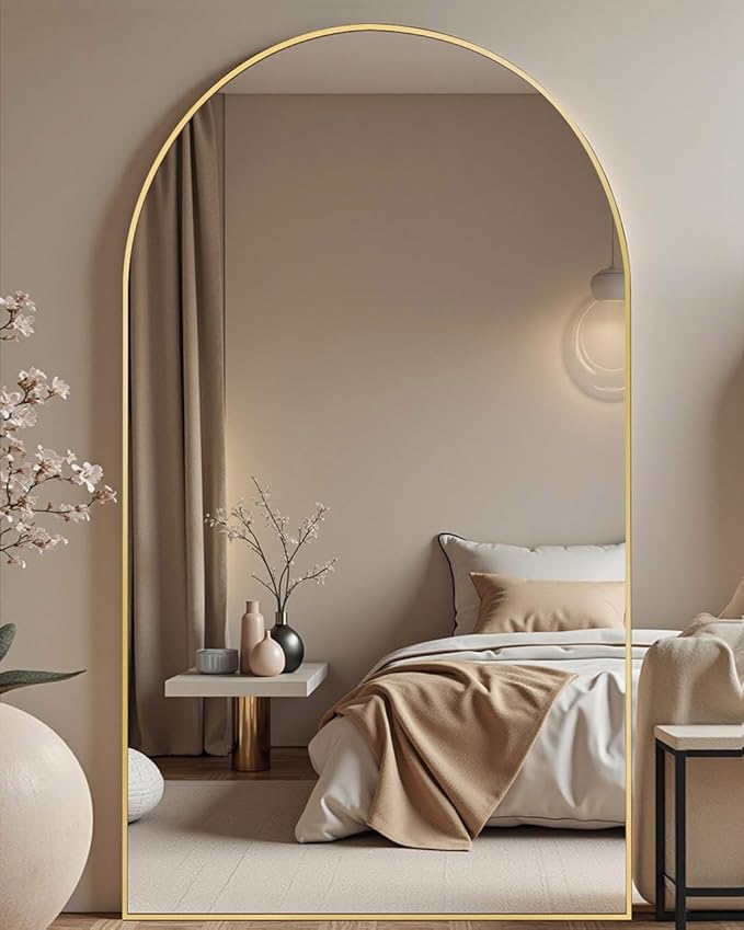 DMWOODFL 77x38 Inch Gold Arched Full Length Mirror - Freestanding Floor Mirror with Stand, Shatterproof Glass & Anti-Tip Base for Large Living Room, Bedroom, Entryway