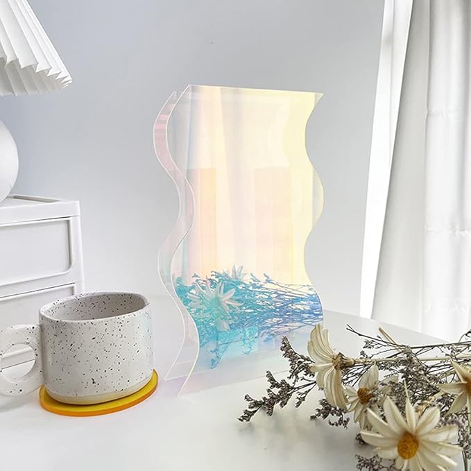 Smartmak Iridescent Acrylic Vase, Rainbow Colored Clear Modern Design Vases Home Décor, Colorful Wedding Decorations, for Artificial Flower, Office, Tabletop, Make Up Brushes Organizer Holder- L