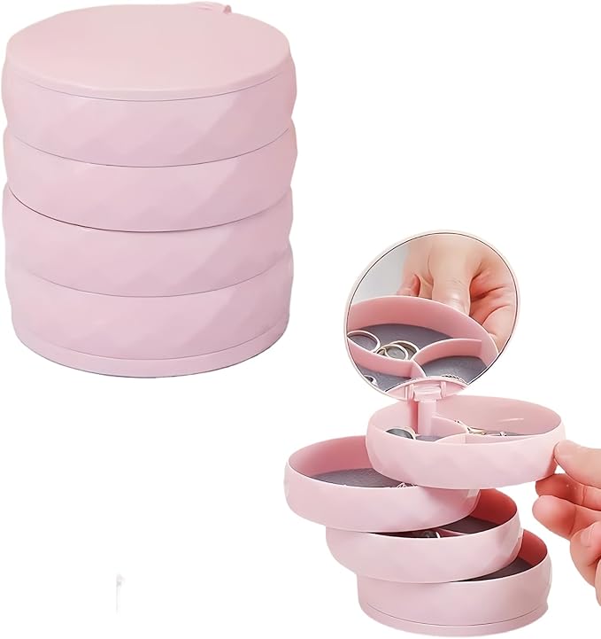 Rotating Jewelry Organizer with 4-Tier Partitioned Storage, Small Jewelry Box with Multi-Angle Adjustable Makeup Mirror for Vanity, Travel & Women Gifts. (Pink)