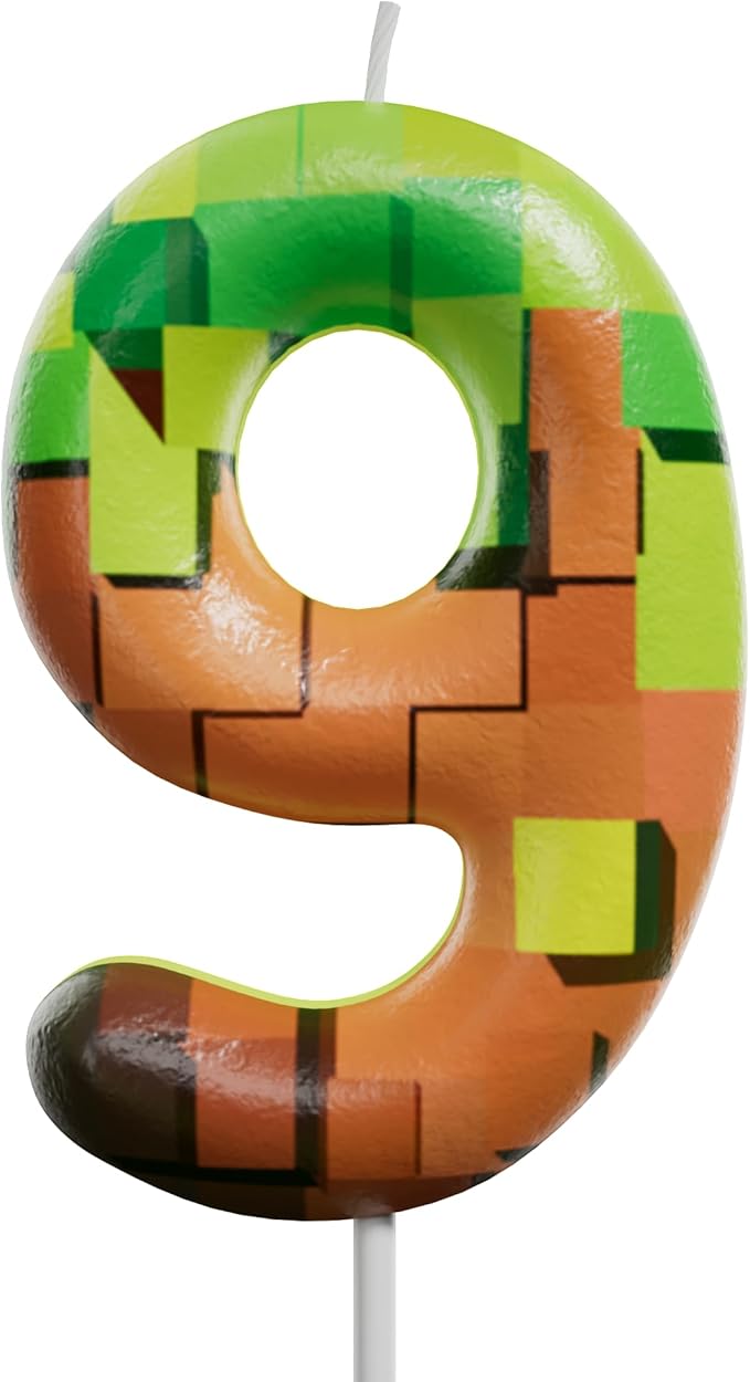Pixel Miner Number Candle for Birthday Cake - 2.7 Inch Video Game Themed Party Decoration, Dynamite Style Cake Topper for Boys Girls Kids Anniversary Supplies (Retro Art, 9)