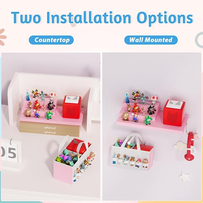 for Tonie Shelf Magnetic - Wooden Tonies Organizer with Carrying Bag, 3 Tiered Magnetic Display Shelf for Toniebox Holder, Wall Mount/Countertop Use Tonies Toy Storage for Kids Room/Playroom (Pink)
