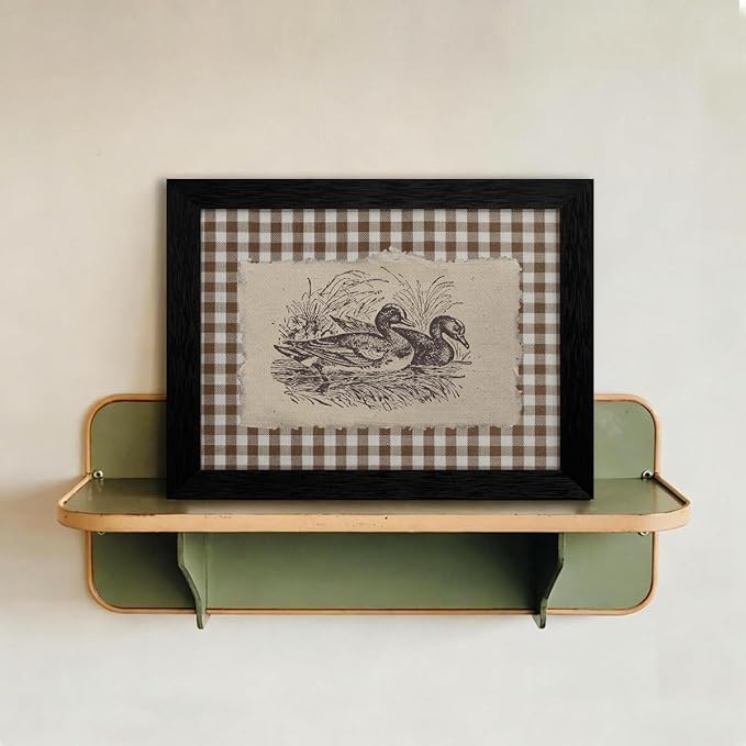 Nature Duck Animal Poster Vintage Brown Gingham Canvas Wall Art Rustic Cottagecore Pond Prints for Country Farmhouse Wall Decor 16X20 inch Black Framed