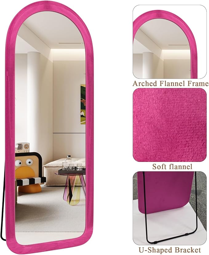 Full Length Mirror 56"x20" Arch Floor Mirror with Stand Arched Full Body Mirror Standing Hanging or Leaning Against Wall for Bedroom Flannel Wrapped Wooden Frame Pink