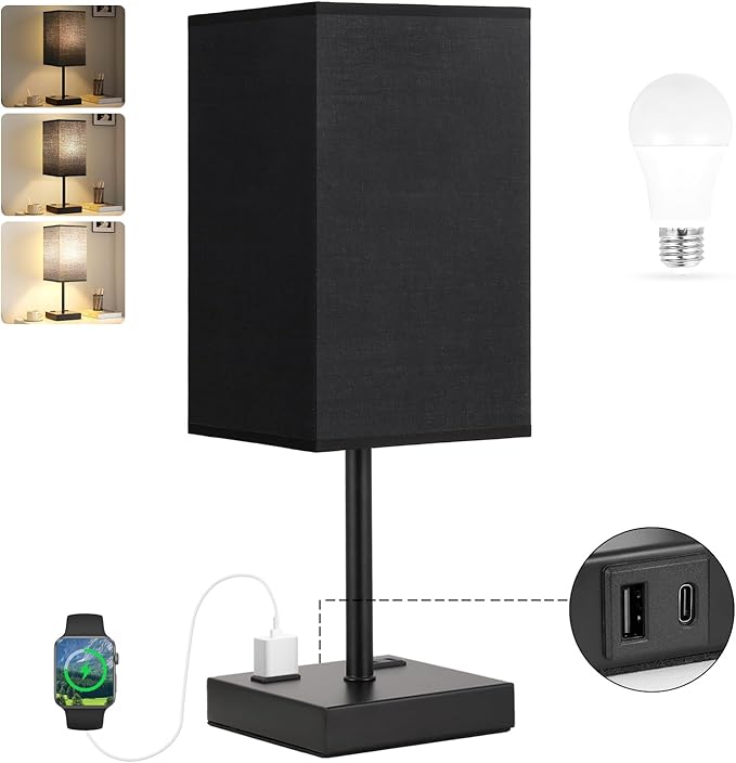 PLUS Black Bedside Lamp for Nightstand - Touch Table Lamp With Type C + A and AC Outlet, Square Charging Lamps For Bedroom Decor, Small Night Light For Office, Dorm Lamp For Men, E26 Bulb Included