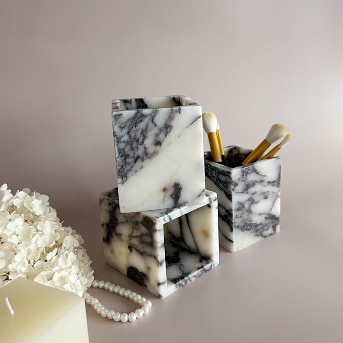 Natural Marble Stone Square Storage Container Empty Vessel Holder Cup for Candle/Pens/Sundries items (Calacatta Purple)