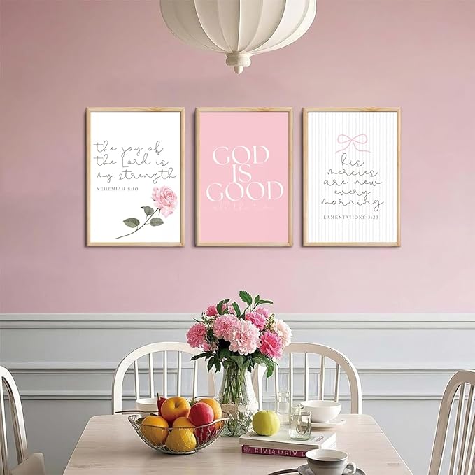 3Pcs Pink Christian Canvas Wall Art Coquette Bow Poster Print Aesthetic Picture Preppy Painting Wall Decor For Girls Bedroom Bathroom or Dorm 12x16in Unframed