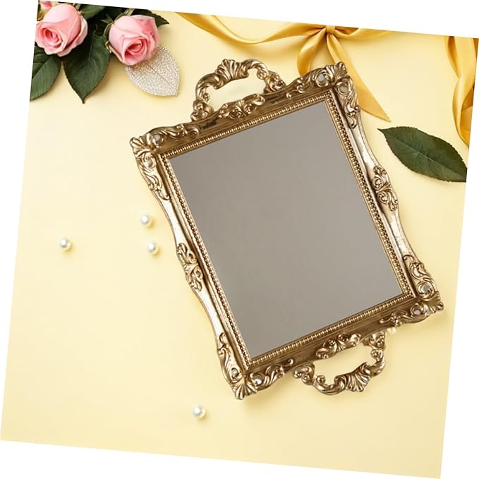 BESPORTBLE Vintage Carved Mirror Tray Nordic Style Retro Gold Resin Decorative Storage Plate for Makeup Perfume Vanity Table Organizer
