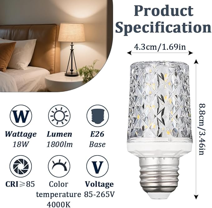 E26 LED Bulbs,Modern Craft Crystal lamp,4000K Natural Light 18W LED Light Bulbs Equivalent 100W,360° Beam Angle,AC 85-265V, Edison Screw SES LED Corn Lamp, Not Dimmable(2 Pack)