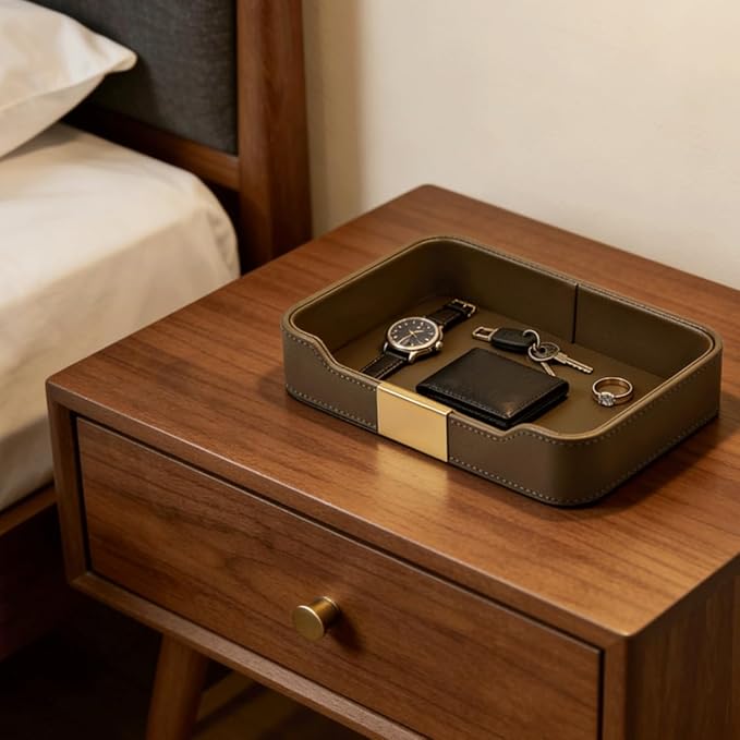 PU Leather Valet Tray Catchall Organizer for Men - Nightstand Dresser Desk Tray for Keys Wallet Watch Jewelry, Bedside Entryway Table Storage Box, EDC Accessories Holder Catch All Dish, Green