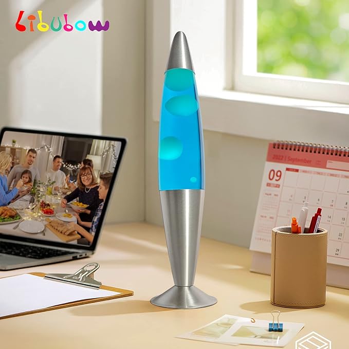 16 Inch Vintage Motion Lamp, 2 Bulbs, Stress Lamp, Relaxing Night Light Mood Lighting Home Decor Living Room Office Bedroom for Adults, Teens and Kids, White Wax Blue Liquid