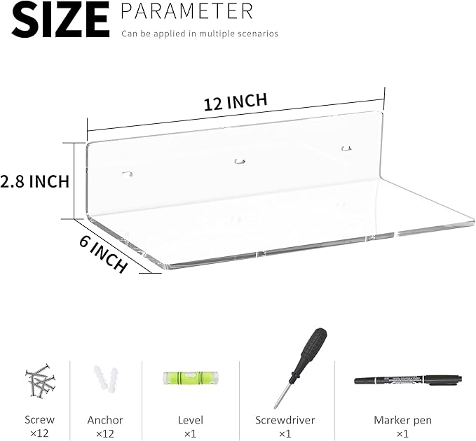 12 Inches Clear Wall Shelves, Moisture-Proof Acrylic Bathroom Organizer Shelves for Wall, Floating Shelf for Bathroom, 4 Pack