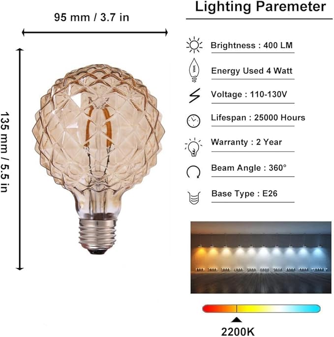 Vintage LED Edison Bulb G30 4W Dimmable LED Filament Bulb Globe Pineapple Shaped Light Bulb 2300K Warm White E26 400LM Equivalent 40W Incandescent (Amber)