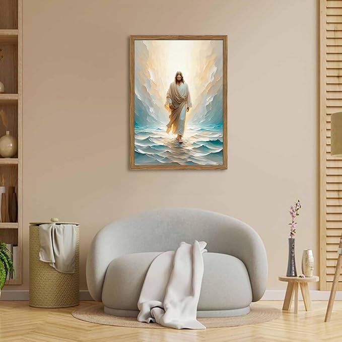 Jesus Walking On Water Wall Art, Framed 3D Textured Hand Drawn Sandstone Christian Wall Decor Painting Religious Savior Pictures for Living Prayer Room Bedroom 24x36 in Wood Framed