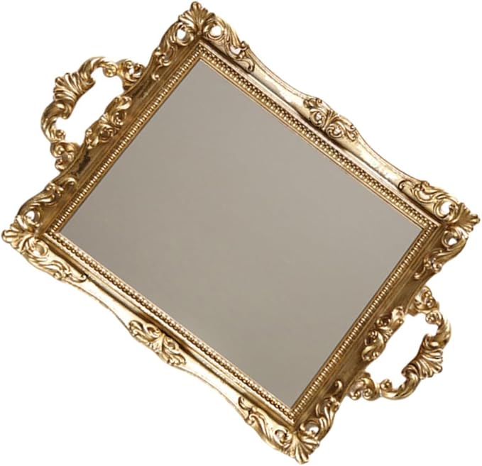 Veemoon Vintage Carved Mirror Tray Nordic Style Golden Resin Decorative Storage Plate for Perfume Makeup Organizer Wedding Dessert Table