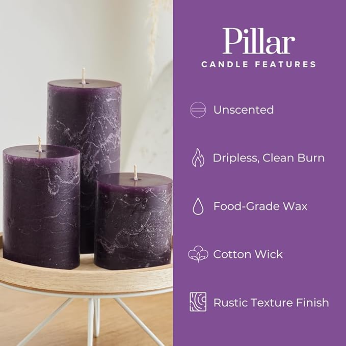 Simply Soson Purple Plum Rustic Texture Pillar Candles 3x4 inch - Set of 3 - Unscented Decorative Purple Candles, No drip Candle, Ideal as Large Candle for Home Decor, Weddings, Holidays