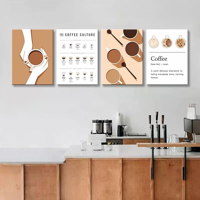 NCYEL 4pcs Modern Minimalist Coffee Wall Art Kitchen Coffee Shop Pictures Simple Home Decor Aesthetic Posters Neutral Brown and Beige Bar Decor 8x10 Inch unframed