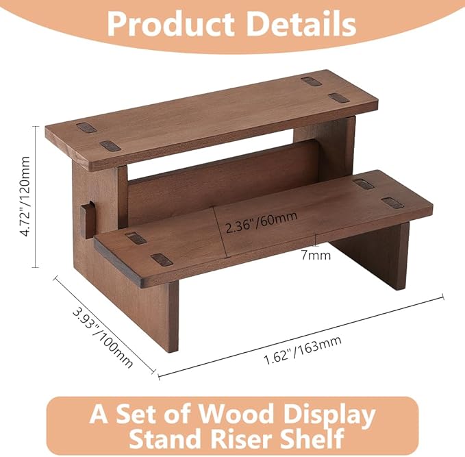 DICOSMETIC 2 Tier Wooden Display Risers Stand Display Shelves 4.72x6.42x3.94 Inch Rectangle Small Wood Table Cupcake Stand Spice Rack Organizer Coffee Perfume Organizer for Cabinet Home Wedding Party