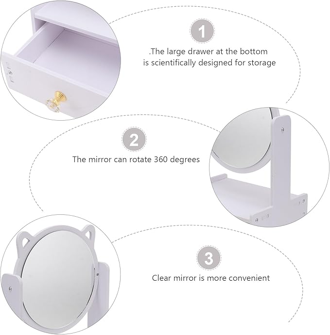 Desktop Cosmetic Mirror with Storage Drawer, Large Round Rotating Makeup Mirror for, Portable Vanity Organizer Box for Home and Bedroom Use
