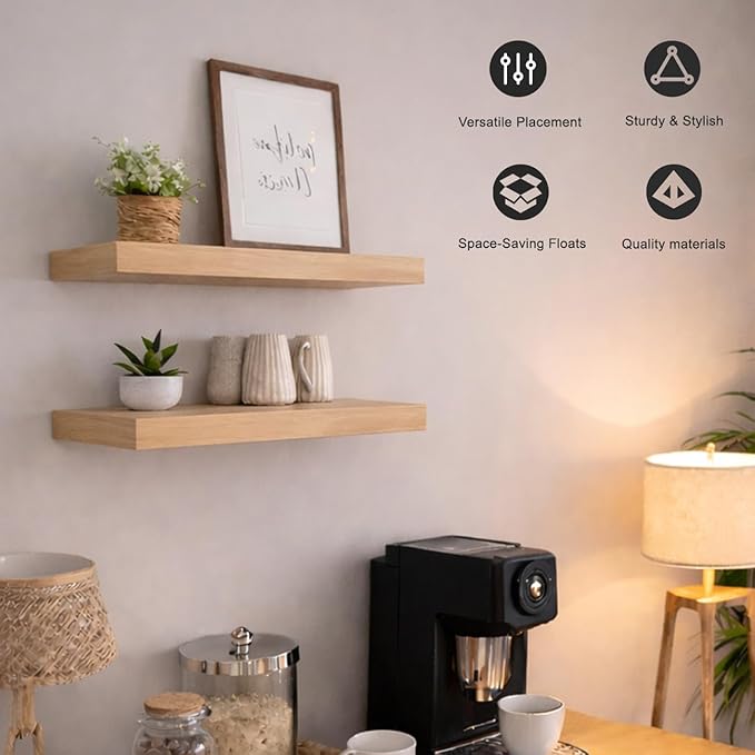 Floating Shelves for Wall, 24" Wall Mounted Shelves, Rustic Farmhouse Decor & Storage for Bathroom, Kitchen, Living Room, Dining Room, with Invisible Brackets, Set of 2, Oak