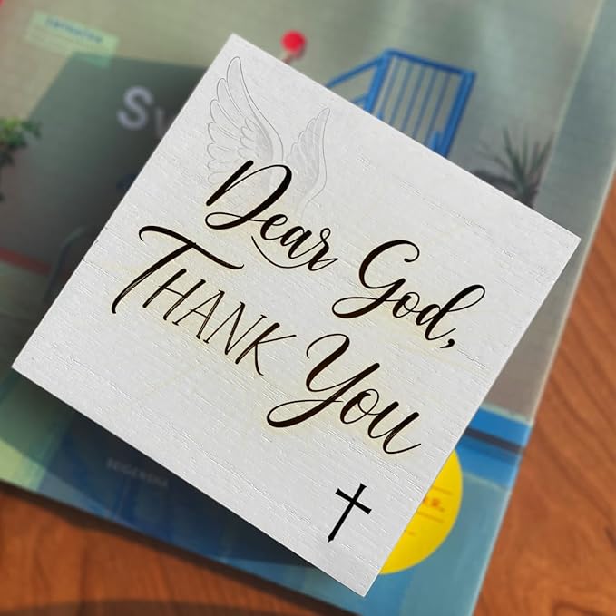 Christian Wooden Box Sign5x5 Inch - "Dear God, THANK YOU" Rustic Christian Home Decor, Farmhouse Style Shelf Desk Table Decoration for Bathroom Living Room