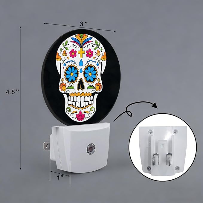 Skull Skeleton Head Halloween Dia De Los Muertos Night Light Plug Into Wall Auto Led Sleep Round Lamp for Living Room Hallway Stairs